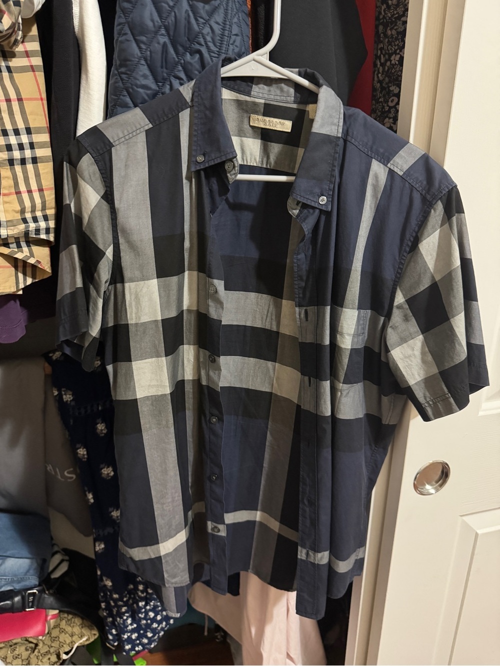 Burberry Short-Sleeve Navy and Gray Check Button-Down Shirt